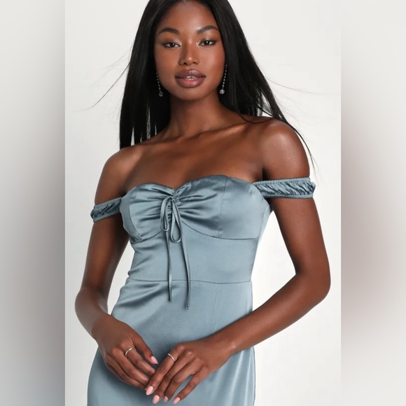 NWT Lulu’s Slate Blue Remarkably Dreamy Satin Off Shoulder Maxi Dress HOCO XL - Picture 3 of 16